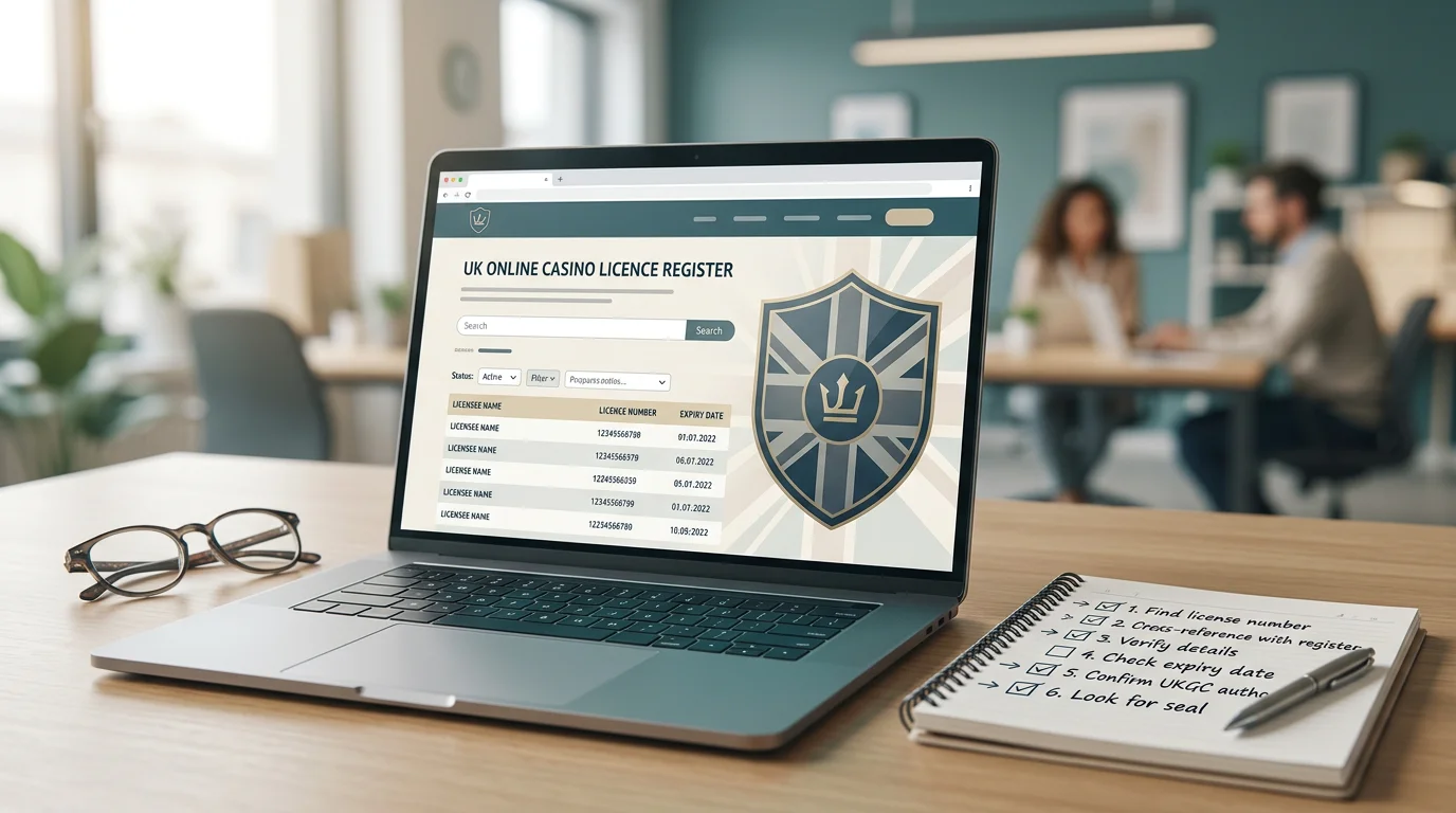 Laptop showing a calm licence checking workspace with notes and a shield symbol