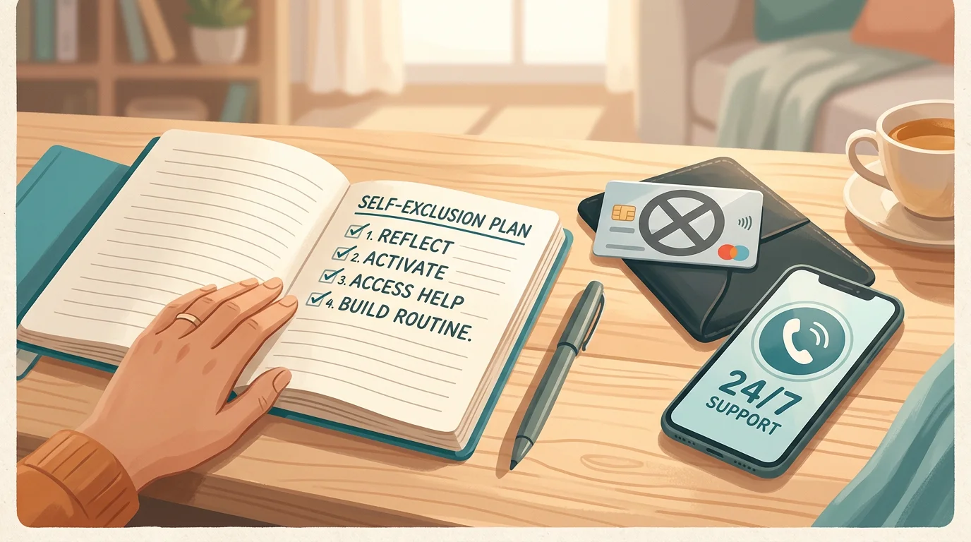 Notebook, bank card and support symbols arranged around a calm self-exclusion plan